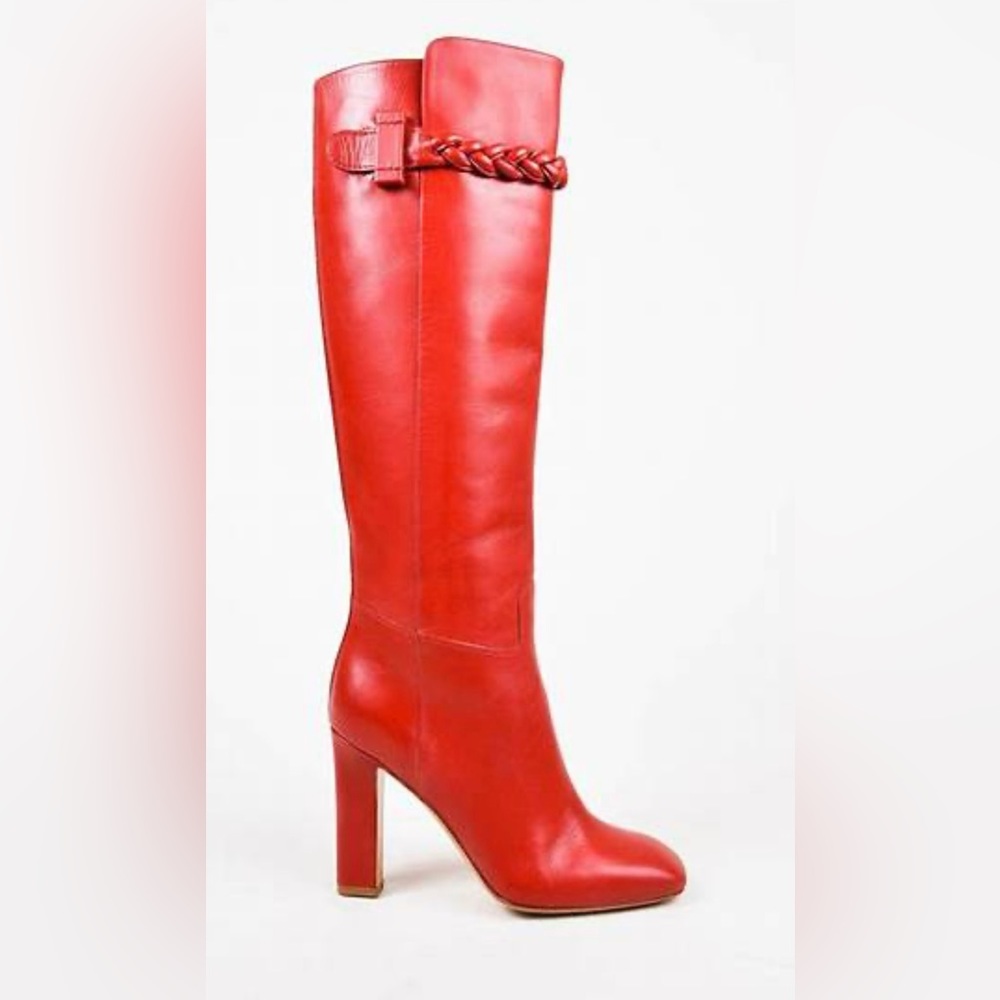 VALENTINO GARAVANI RED CALFSKIN TALL BRAIDED BOOTS